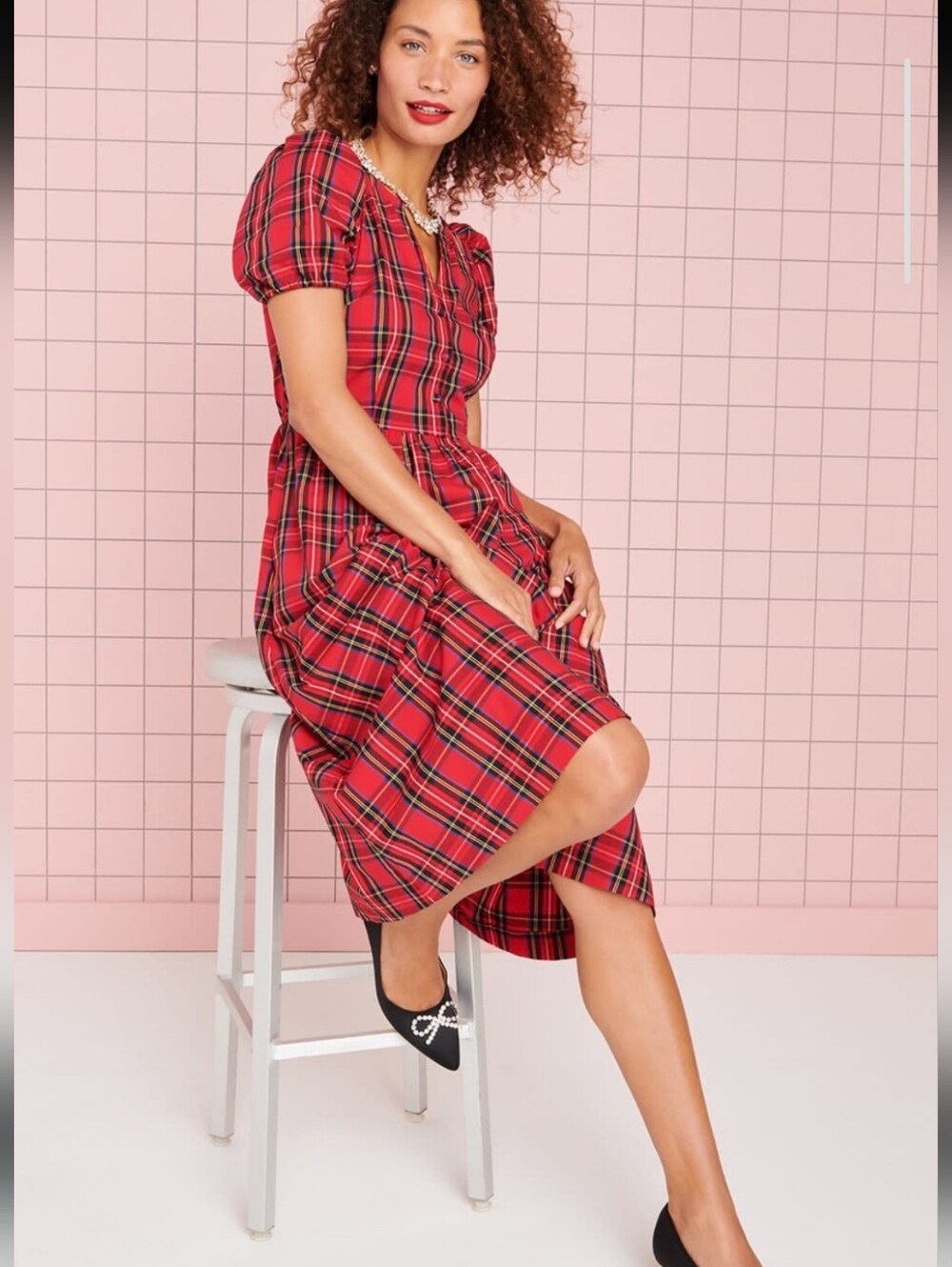 J Crew Factory Red Tartan Plaid Puffed Sleeve Midi Dress Holiday Cotton Size 8